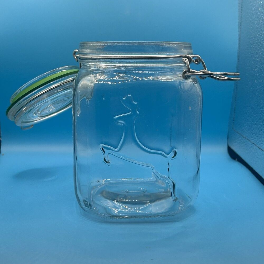 Anchor Hocking Vintage Glass Canister with Lid And Deer Good Seal VTG Holidays